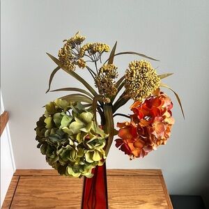 Three faux floral stems - 2 hydrangeas (orange & green) and gold floral stem.